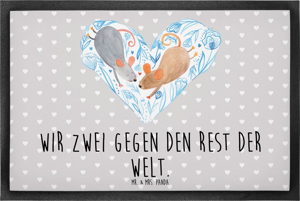 Mr. & Mrs. Panda Bodenvorleger Mäuse Herz 60 x 90 cm - Grau Pastell - Geschenk, Freundin, fußmatte, Schuhabstreifer, Maus, Liebe, Schmutzmatte, f...