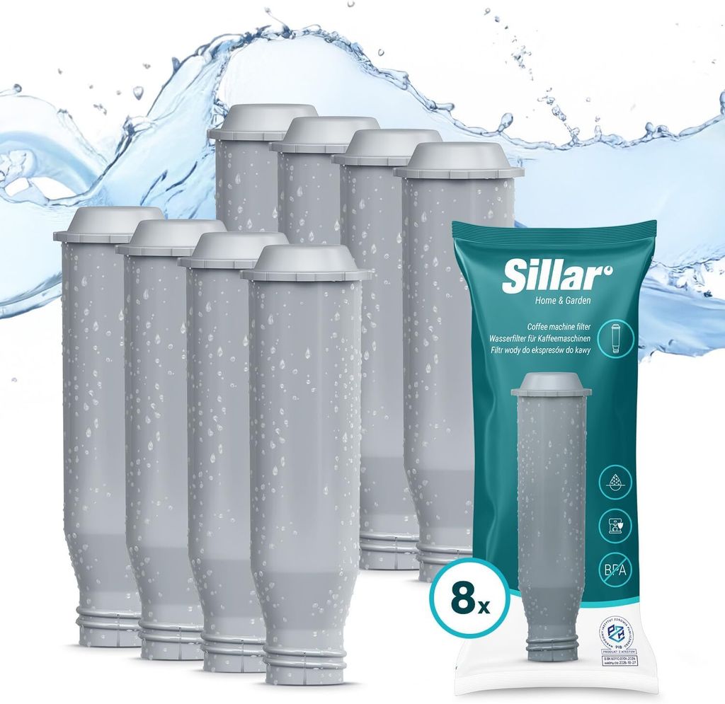 A collage of water filters and their packaging, with water splashes in the background.