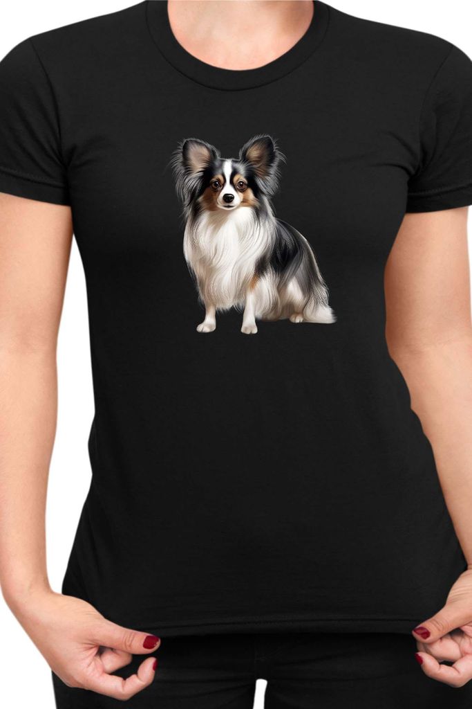 Damen T-Shirt Dogs Breeds Papillon Dog Breed 006, Lady M / Schwarz