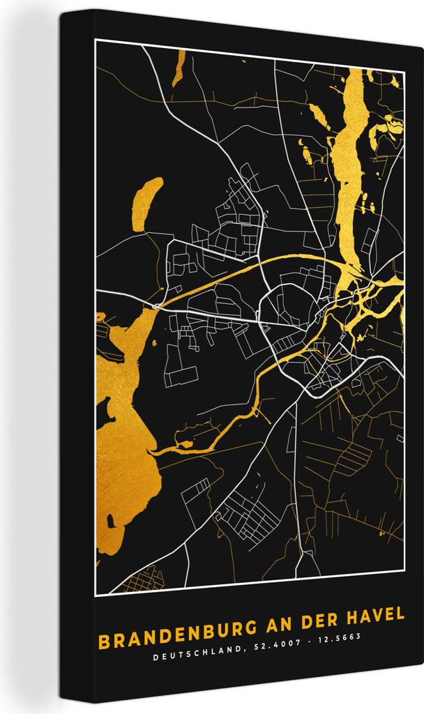 OneMillionCanvasses - Leinwandbilder - 90x140 cm, Brandenburg An Der Havel - Stadtplan - Karte - Gold - Deutschland, Wandbilder Kunstdruck Wandde...