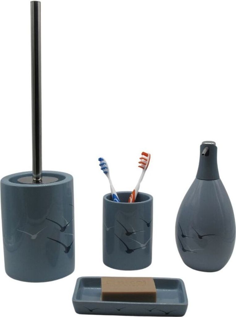 Sanwood 4tlg Set Bad Accessoires WC Bürste Seifenspender Zahnputzbecher Seifenschale Möwe