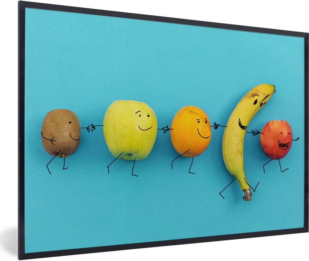 MuchoWow Gerahmtes Poster Smiley - Obst - Blau 30x20 cm - Poster mit Schwarzem Bilderrahmen Wandposter Rahmen Foto Bilder - Kunstdruck - Bild-Poster