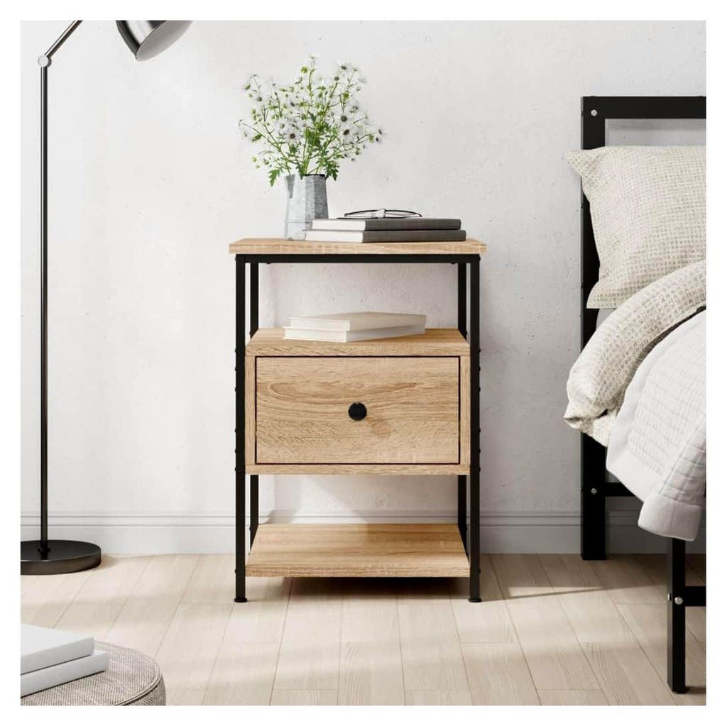 Nachttisch 40x42x56 cm Sonoma-Eiche, Holzwerkstoff, Eisen, Kommode für Schlafzimmer, kleines Regal, Nachtkasten, Wohnzimmer Regal, Beistelltisch, ...