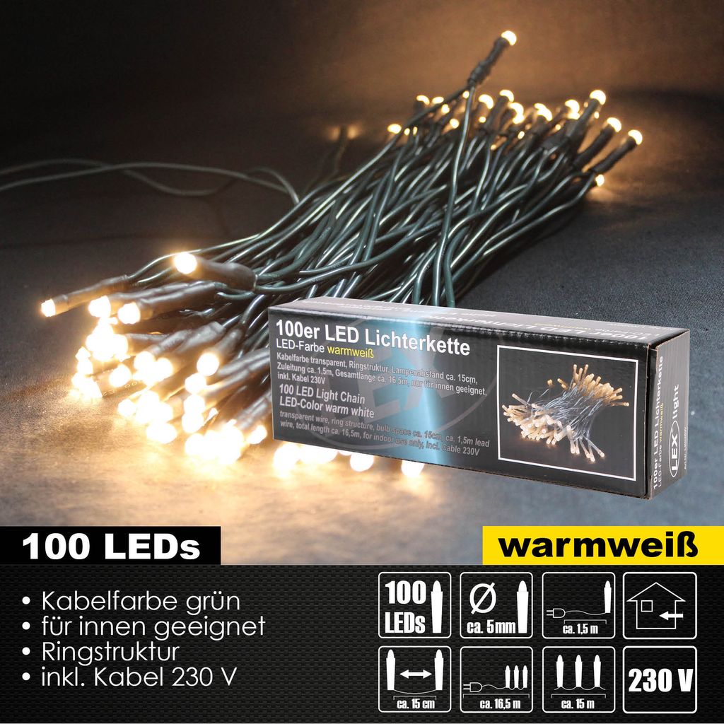 100er LED Lichterkette grünes Kabel Innen Partylichterkette Beleuchtung warmweiß