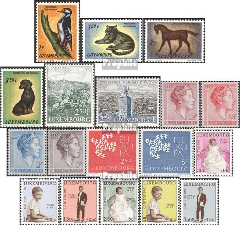 Briefmarken Luxemburg 1961 Mi 637-654 (kompl.Ausg.) Jahrgang 1961 komplett postfrisch Tierschutz
