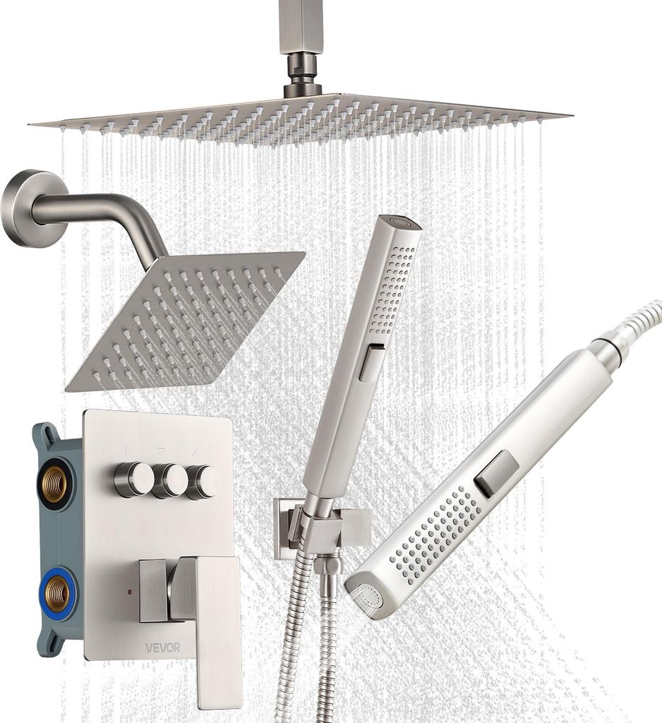 VEVOR Duschsystem-Set inkl. 10 Zoll Regenduschsystem / 6 Zoll Wandmontagekopf / 2 in 1 Handbrause, drehbarer Doppelregenkopf (3 Funktionen), Messi...