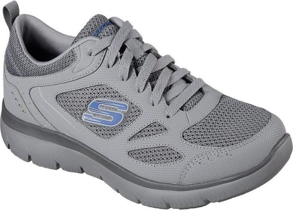 A single gray Skechers shoe is shown against a white background.