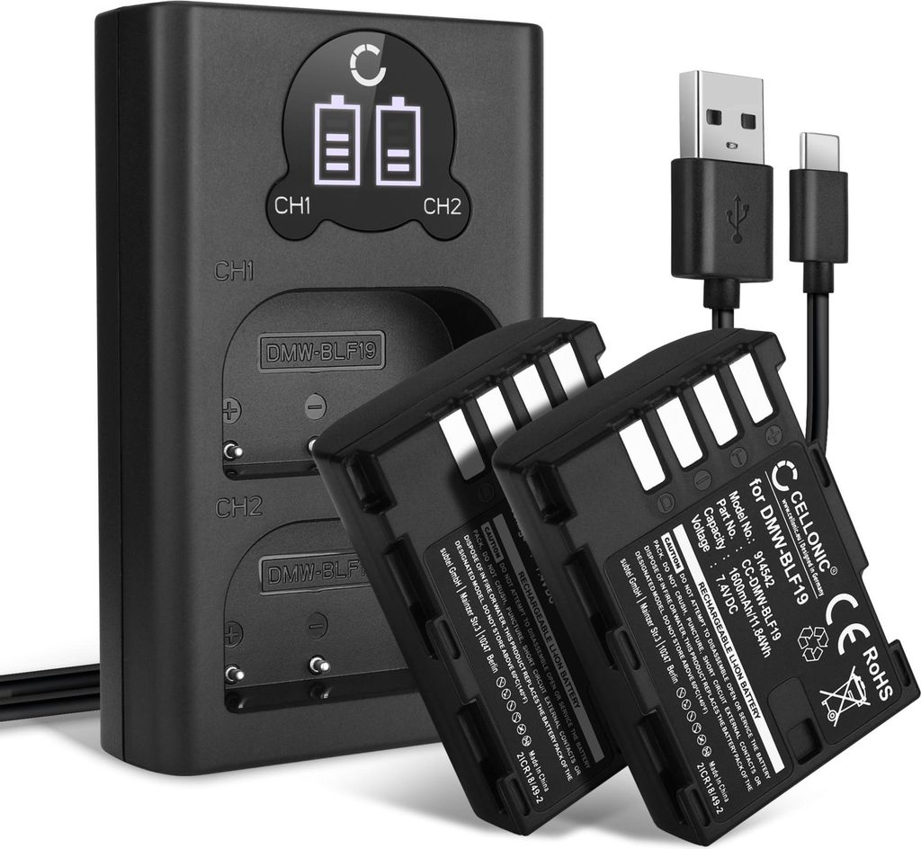 CELLONIC 2x Akku für Kamera Kompatibel mit Panasonic Lumix DC-GH5, Lumix DMC-GH4, Lumix DMC-GH3, DMW-BLF19 - (1600mAh, 7.4V) + Dual Ladegerät