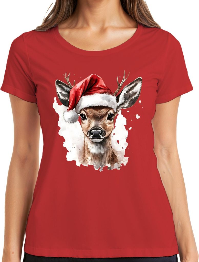 Rehkitz Santa Hut Weihnachten Aquarell festlich Geschenk Retro Damen T-Shirt, Rot, L