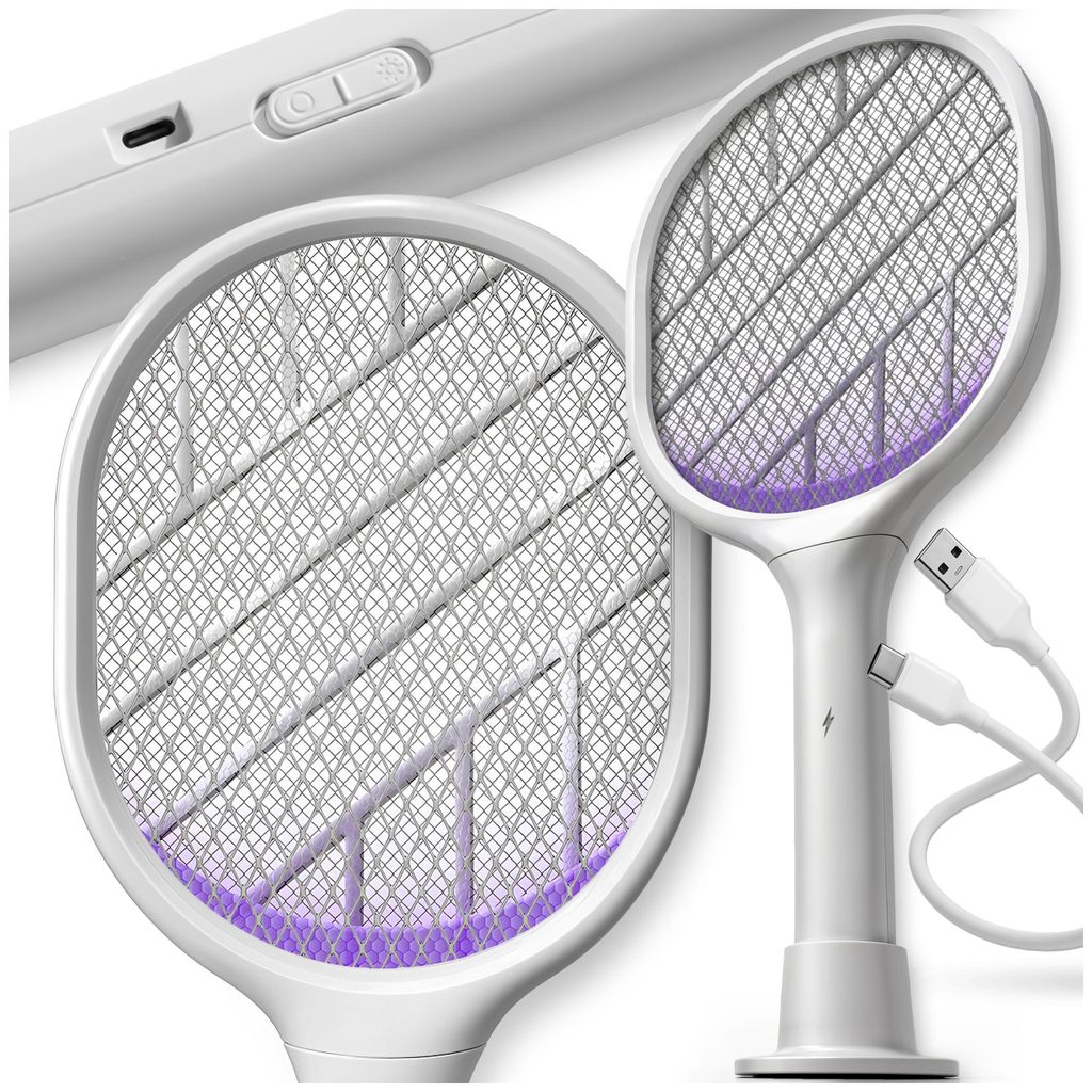 Pestevo | Elektrische Fliegenklatsche 2in1 - Weiß – 3500V Mückenvernichter mit UV-Lampe & USB Akku 1200mAh für Innen & Außen