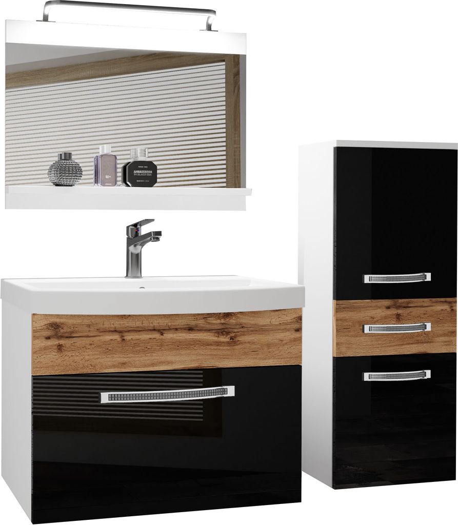 BELINI Badmöbel Vollausstattung Set Waschbeckenschrank, kleiner Schrank, Waschbecken, Spiegel, Lampe (Schwarz / Wotan Eiche, Glänzend und Matt)