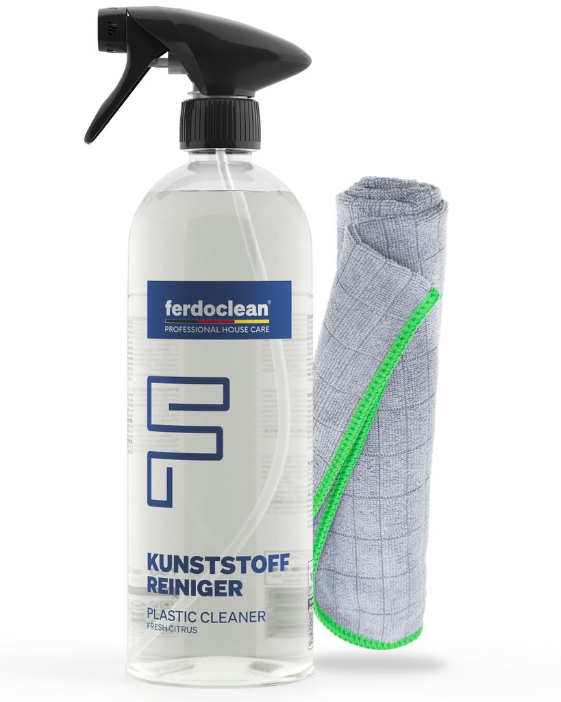 FERDOCLEAN Kunststoffreiniger 750 ml + 1 x Premium Mikrofasertuch 380GSM 40 x 40 cm grüner Rand - Küchenfronten Küchenfrontenreiniger - Kunststoff