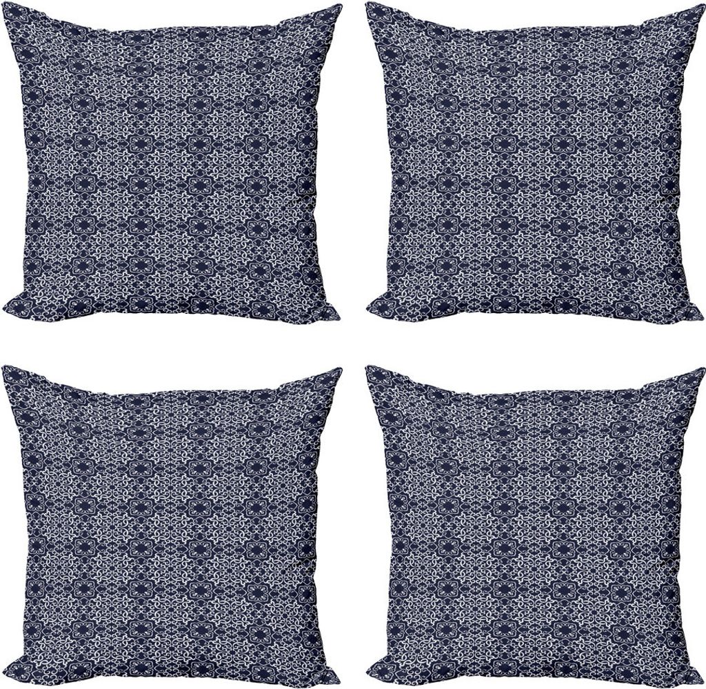 ABAKUHAUS Navy blau Kissenbezug Set (4 Stück), Eastern Curlicues, Moderner Doppelseitiger Digitaldruck, 50 cm x 50 cm, Marine-Blau-Weiß