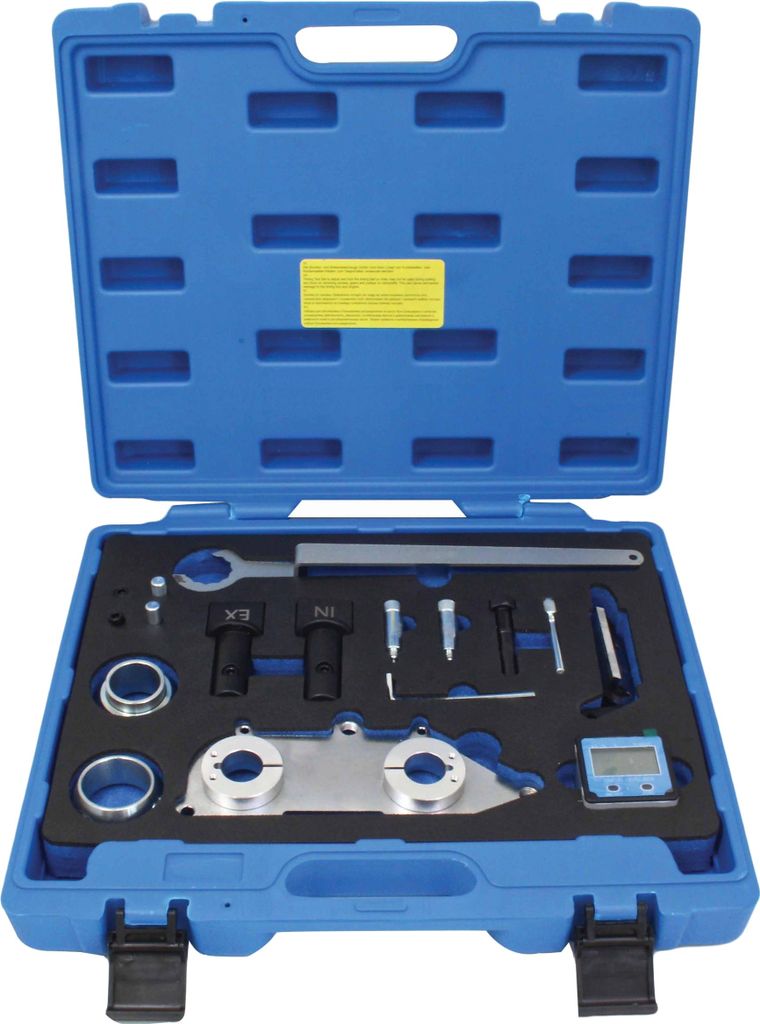 A blue plastic case containing a set of automotive engine timing tools.