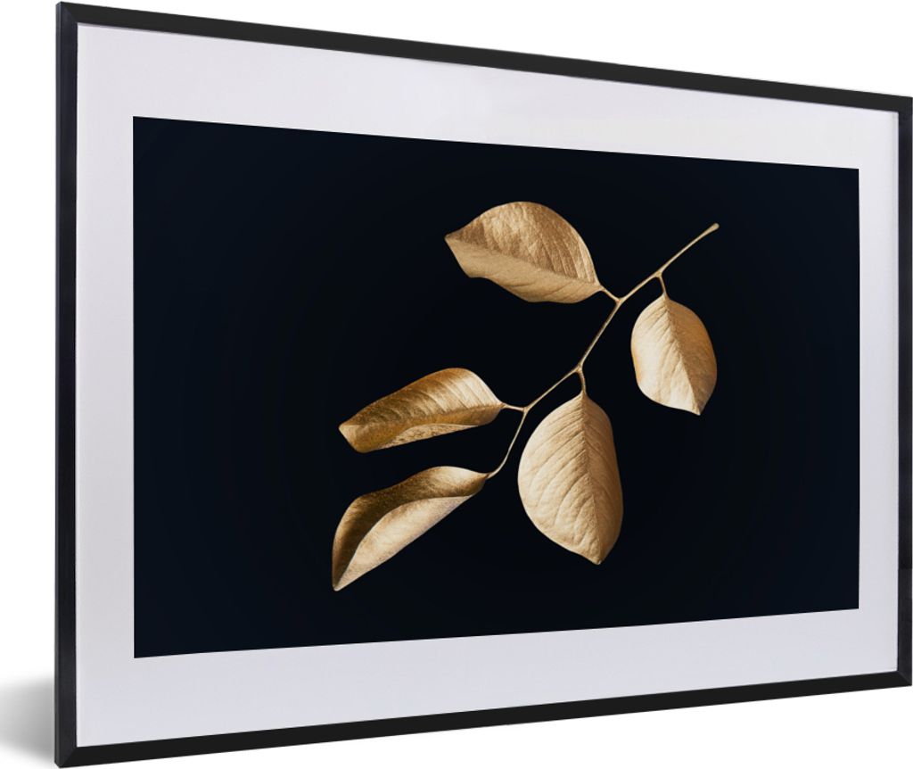 MuchoWow Gerahmtes Poster Blätter - Zweig - Gold - Luxus 60x40 cm - Poster mit Schwarzem Bilderrahmen Wandposter Rahmen Foto Bilder - Schlafzimm...