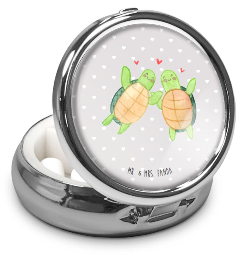 Mr. & Mrs. Panda Tablettenbox Schildkröten Paar - Grau Pastell - Geschenk, für Frauen, Medikamentenorganizer, Freundin, Pillenbox, Valentinstag, ...