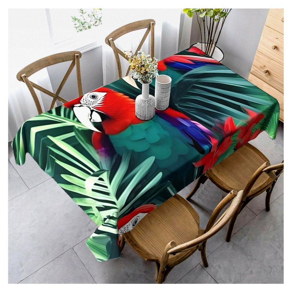Rechteckige Tischdecke mit tropischen Blumen und Papageien für Picknicks, Terrassen und Partys