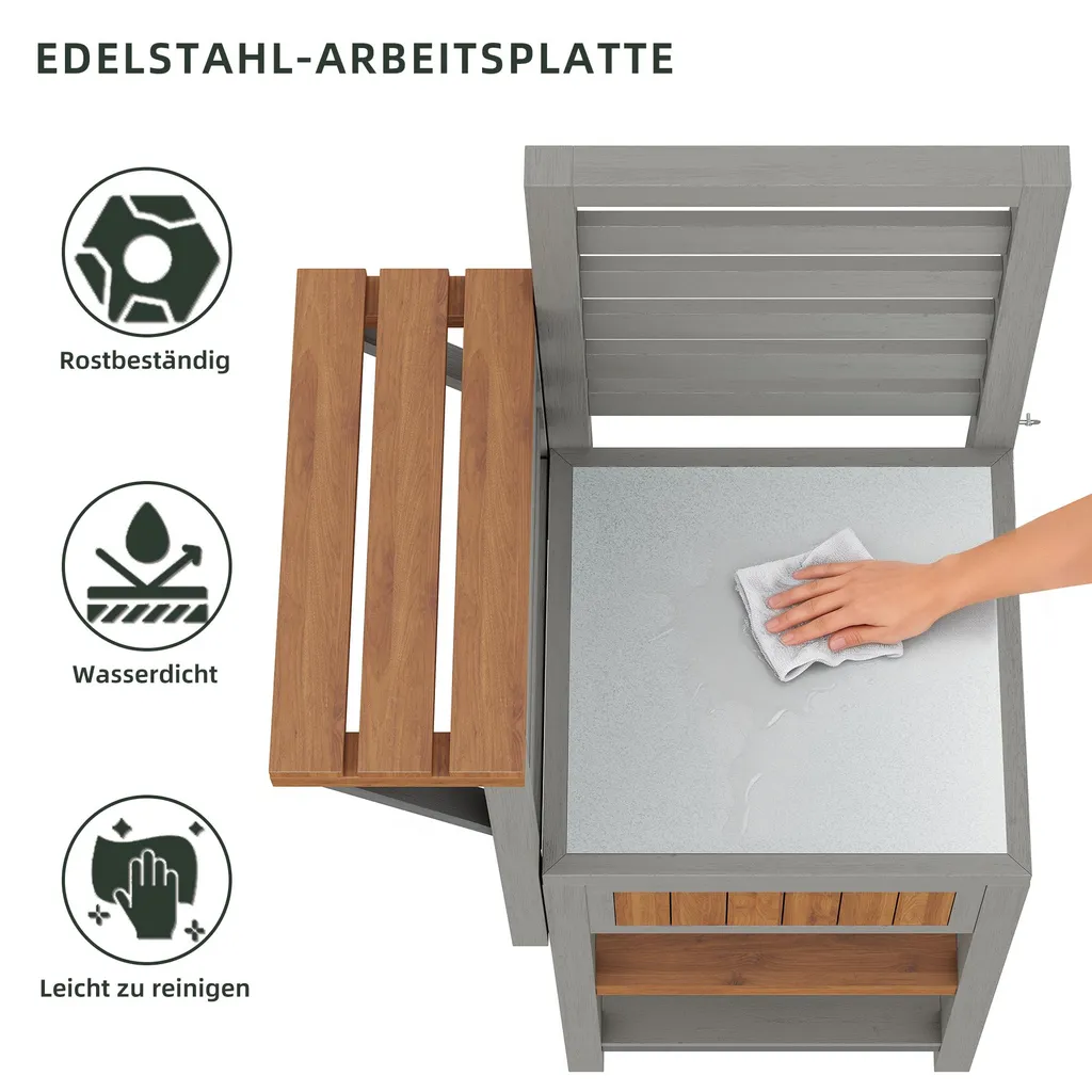 Desserte de Jardin avec Plan de Travail Inox et Étagères de Rangement - 5