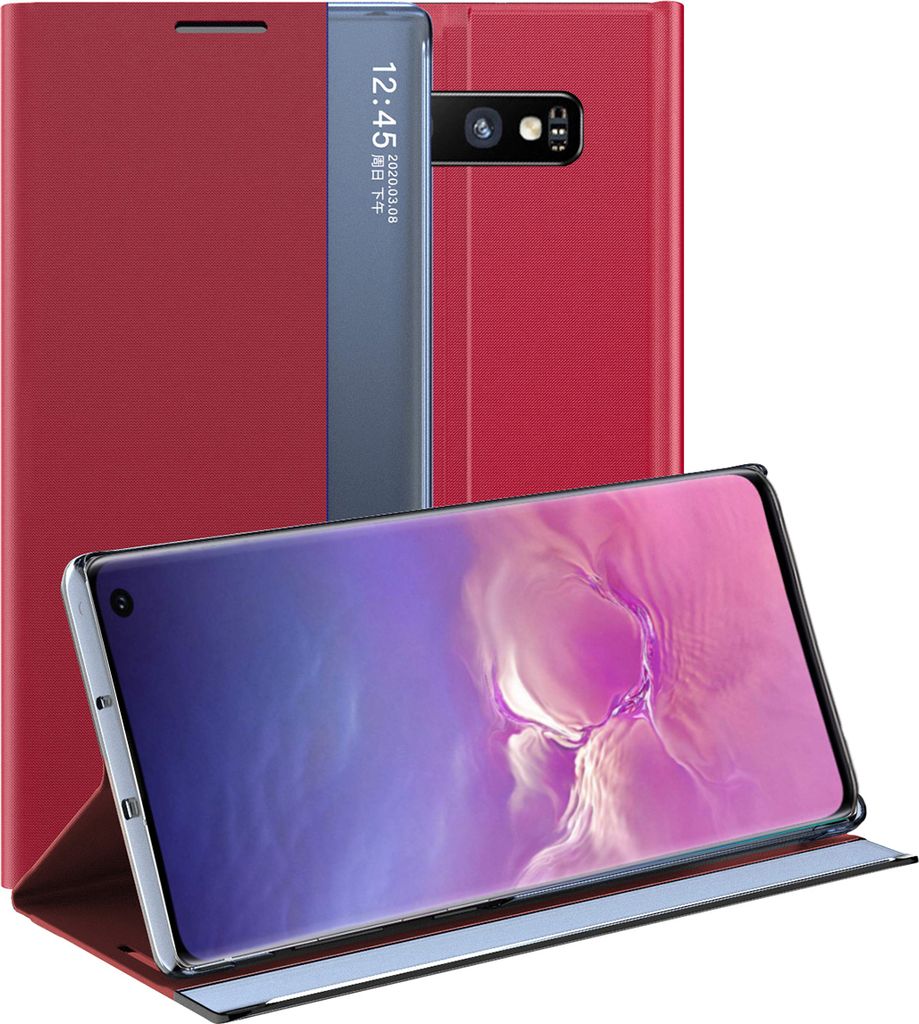 A red flip case for a Samsung Galaxy S10 phone, shown open with the phone screen visible.