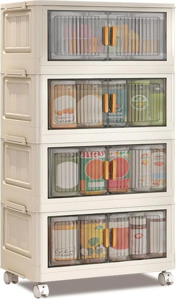 Aufbewahrungsschrank mit Rollen - Wohnzimmerschrank - Stapelbar - Faltbar - Großes Fassungsvermögen - Kunststoff - 80x40x145 cm - Weiß