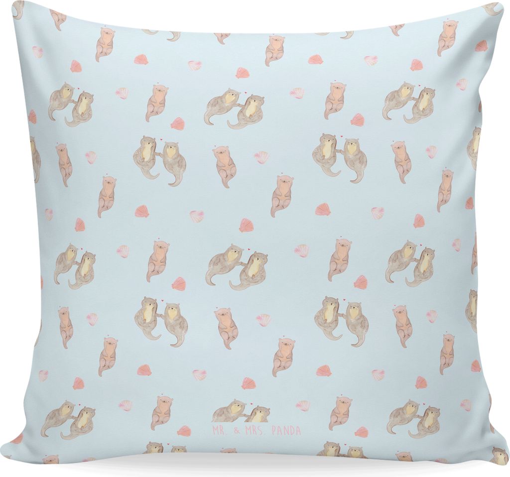Mr. & Mrs. Panda Deko Kissen Otter Hände halten - Blau - Geschenk, kuschelkissen 40x40, Seeotter, Paar, zier, mikrofaser, Verliebt, Romantisch, Li...