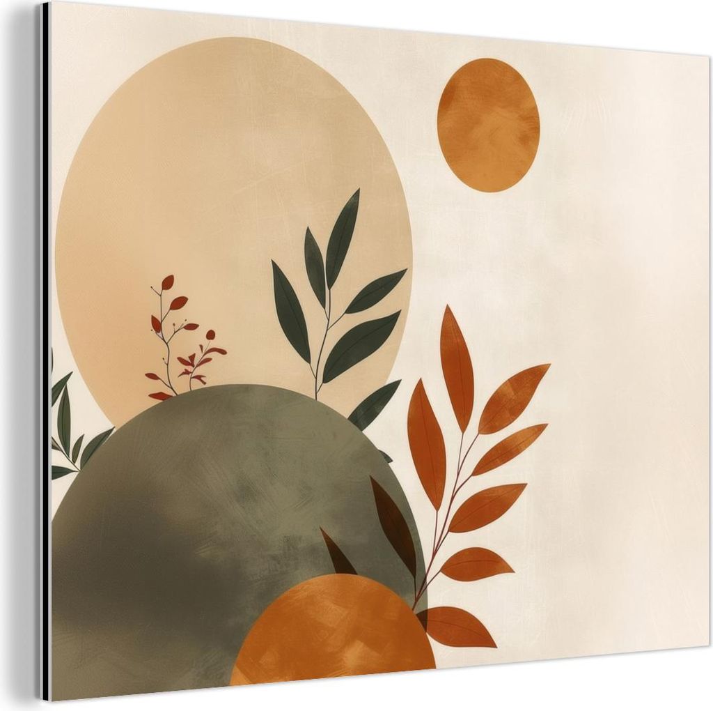 MuchoWow Wanddekoration Metall Metallbild Wandkunst 40x30 cm Formen - Rund - Blätter - Beige MuchoWow Aluminium Gemälde - Dekoration Wohnzimmer