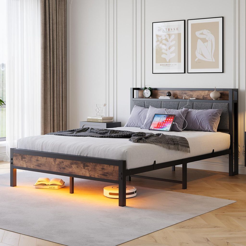 okwish Klassische Betten 120x200cm Doppelbett mit USB,Bettgestell mit Aufbewahrungskopfplatte,Metallbett Plattformbett mit LED-Lichtern und Metallr...