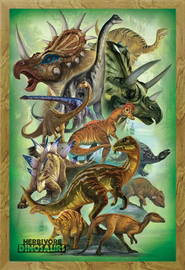 Affiche Dinosaures Herbivores Shinsuke® - Cadre Chêne 61x91,5 cm
