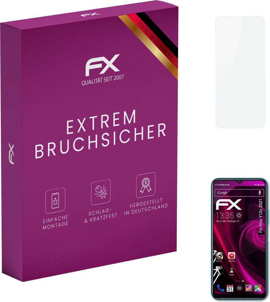 atFoliX FX-Hybrid-Glass Displayfolie kompatibel mit Vivo Y12s (2021) Glasfolie