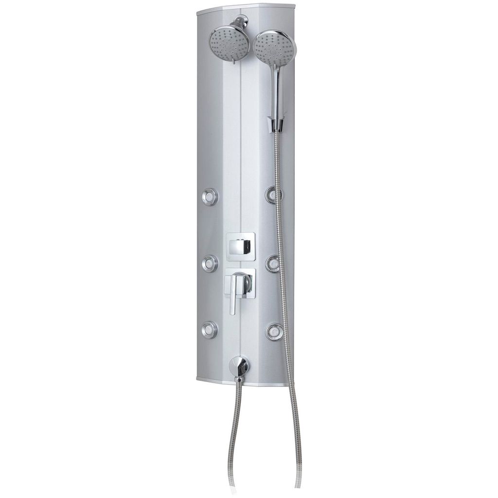 A silver shower panel with multiple shower heads and body jets.