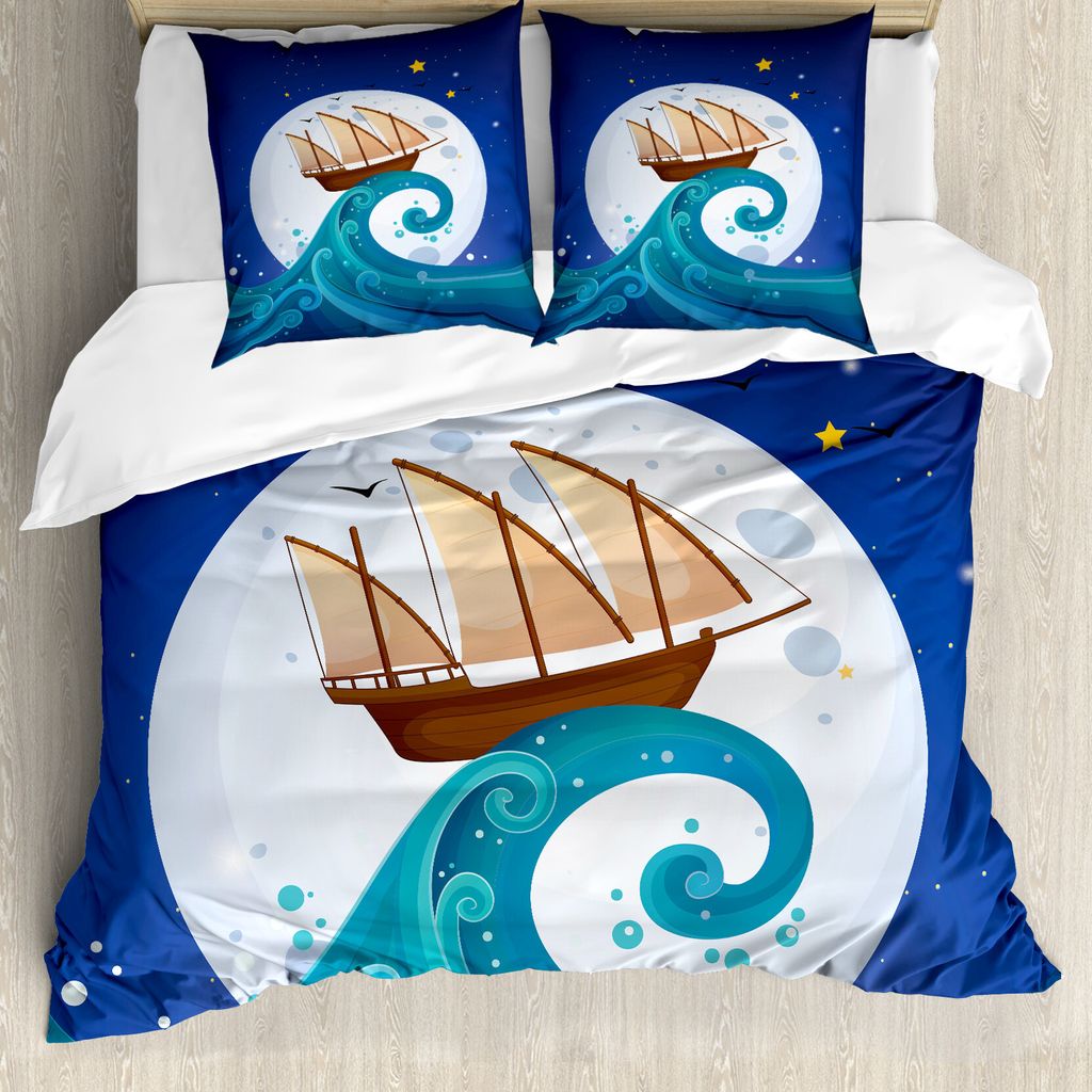 ABAKUHAUS Mond Bettbezug, Old Ship Riding Waves, Milbensicher Allergiker geeignet mit Kissenbezügen, 155 cm x 220 cm - 80 x 80 cm, Blau, Braun, Weiß