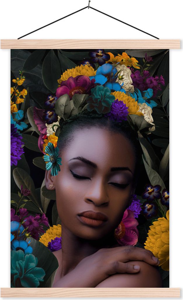MuchoWow Textilposter Blätter - Frau - Blumen 40x60 cm mit holzfarbenen Rahmen - Poster