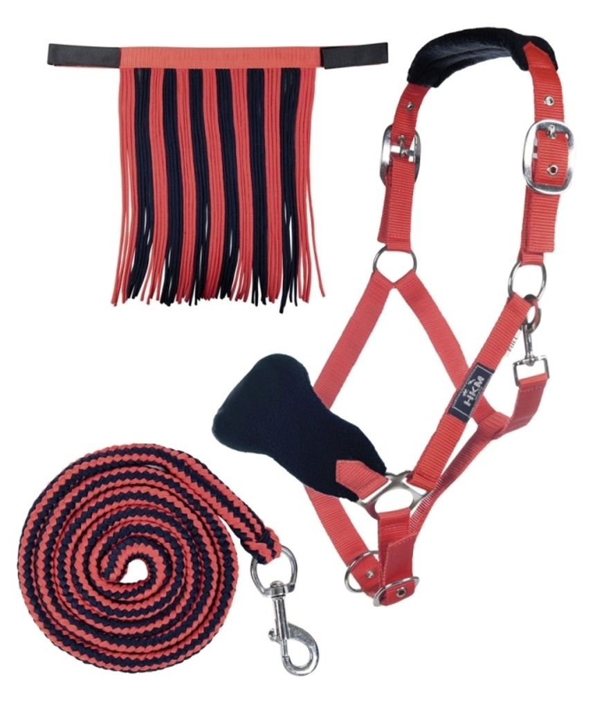 HKM Halfter-Set mit Karabiner & Fliegenfransen GRAU/PINK, Gr. Warmblut
