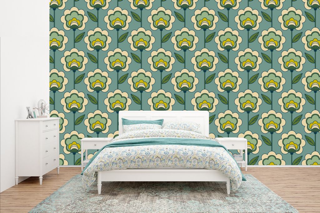 MuchoWow Fototapete für Wohnzimmer oder Schlafzimmer Wandtapete Vinyl Motivtapete Retro - Design - 1970er Jahre - Blume - 400x240 cm - Gemustert