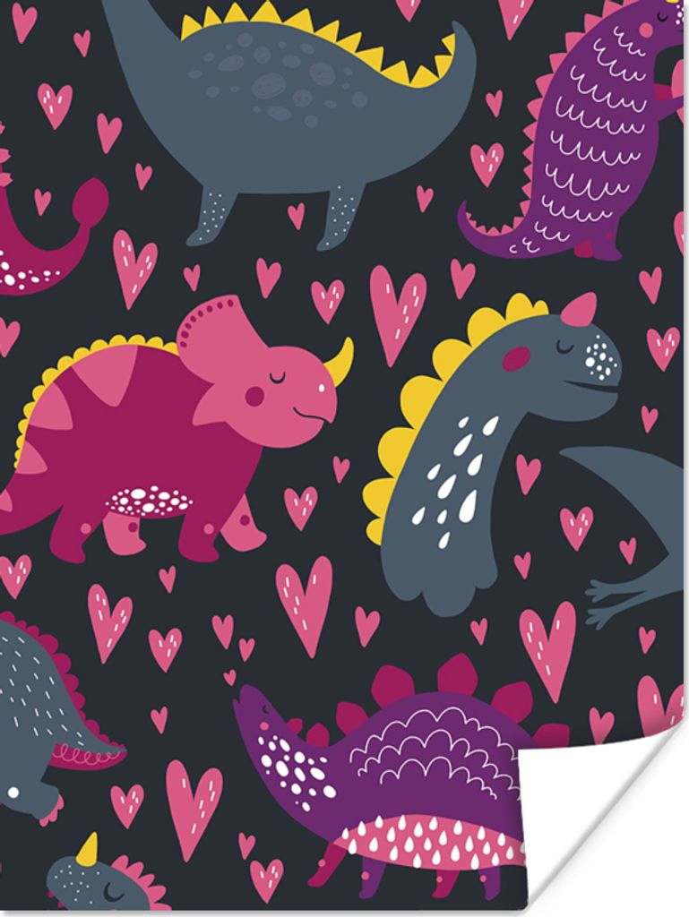 MuchoWow Poster Dinosaurier - Kind - Muster - Rosa - Mädchen 30x40 cm - Wandplakat - Poster Kinderzimmer