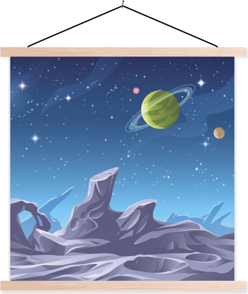 MuchoWow Textilposter Eine Illustration der Mondoberfläche mit sichtbaren Planeten 40x40 cm mit holzfarbenen Rahmen - Posterleiste