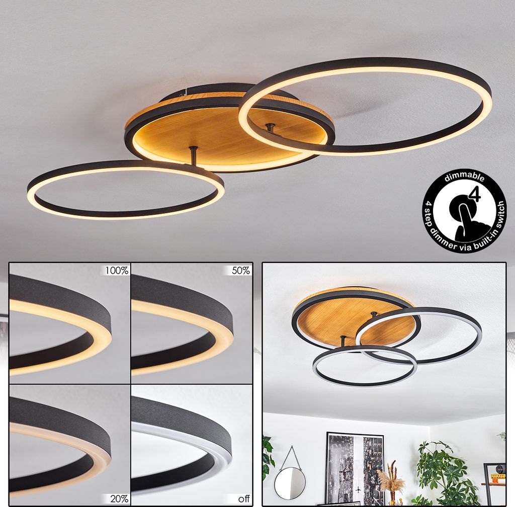 Vidoni dimmbare Deckenlampe aus Metall/Holz/Kunststoff in Schwarz/Natur/Weiß