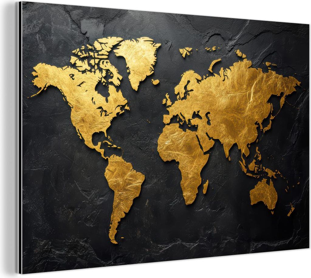 MuchoWow Wanddekoration Metall Metallbild Wandkunst 150x100 cm Weltkarte - Gold - Stein MuchoWow Aluminium Gemälde - Alu Dibond Bild