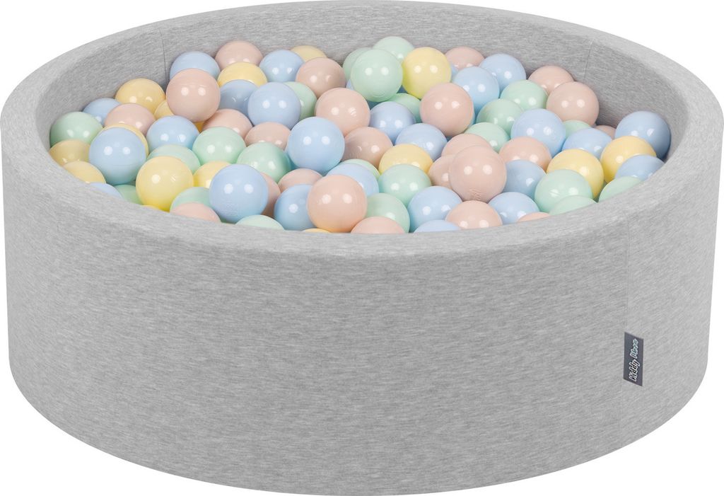 KiddyMoon Bällebad 90x30cm Hellgrau 200 Bälle ∅7cm Rund Bällepool Mit Bunten Bällen Für Babys Und Kinder
