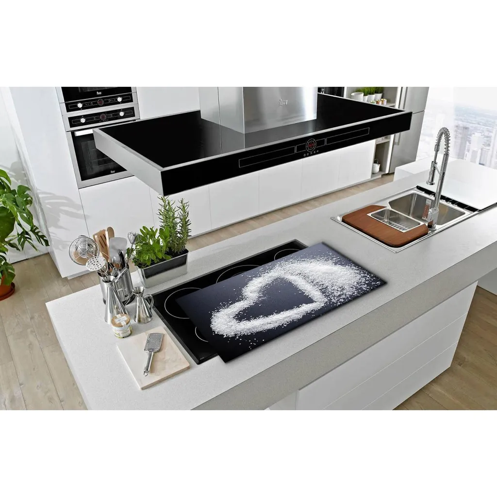 TMK Copertura Per Piano Cottura In Vetro Temperato 80x52 Cm - Paraschizzi E Tagliere Con Decorazione Cuore Spiaggia