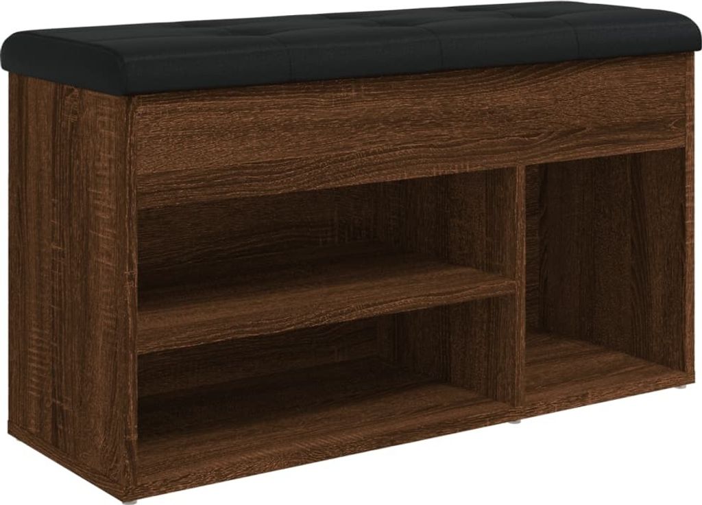 A shoe bench with storage compartments and a padded top.