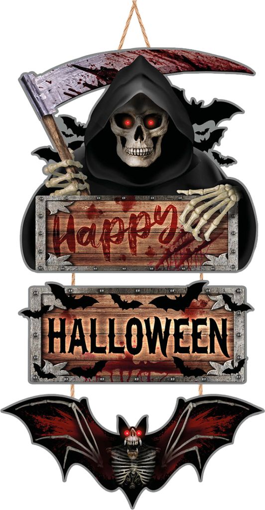 Happy Halloween Reaper & Fledermaus Holzschild 60cm Produktbild 