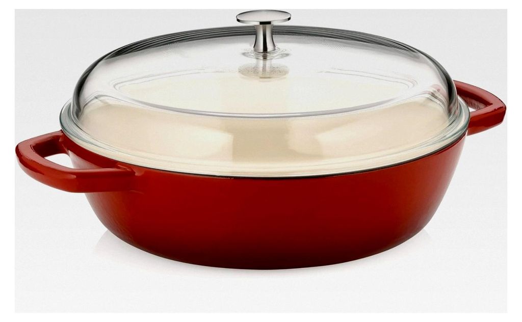 Schmorpfanne 28 cm hoher Rand CALIDO, Gusseisenpfanne Induktion mit Glasdeckel 3,8 l, emaillierte Pfanne, rot