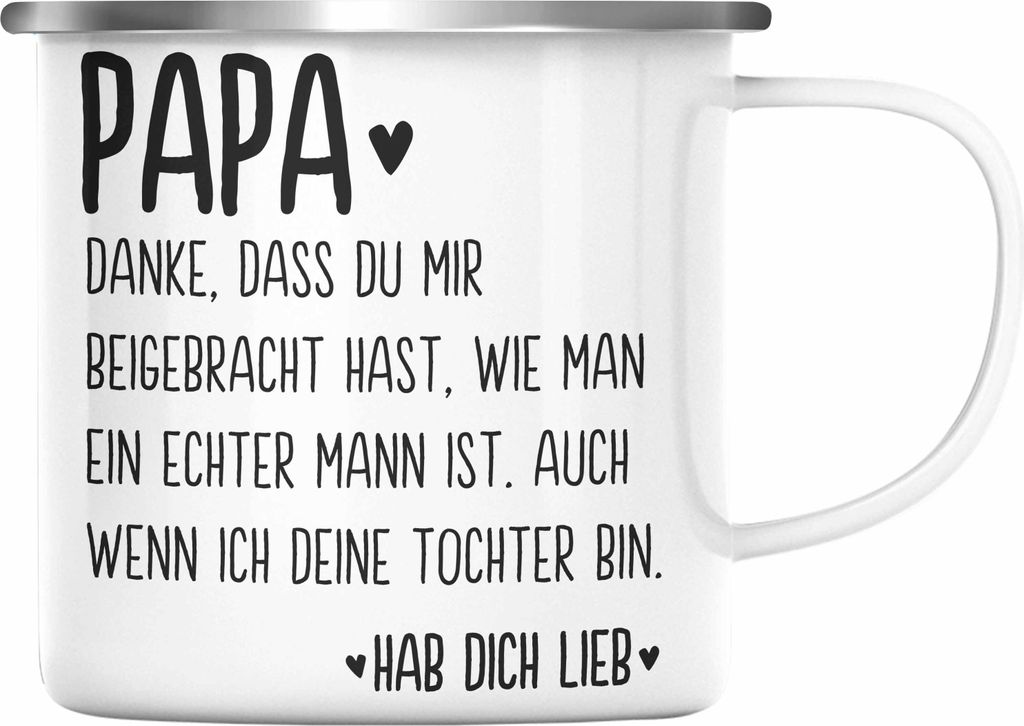 Trendation - Papa Emaille Tasse Geschenk von Tochter Emaille Emaille Tasse Sprüche Vatertag Geschenkidee Spruch Vater (Silber)