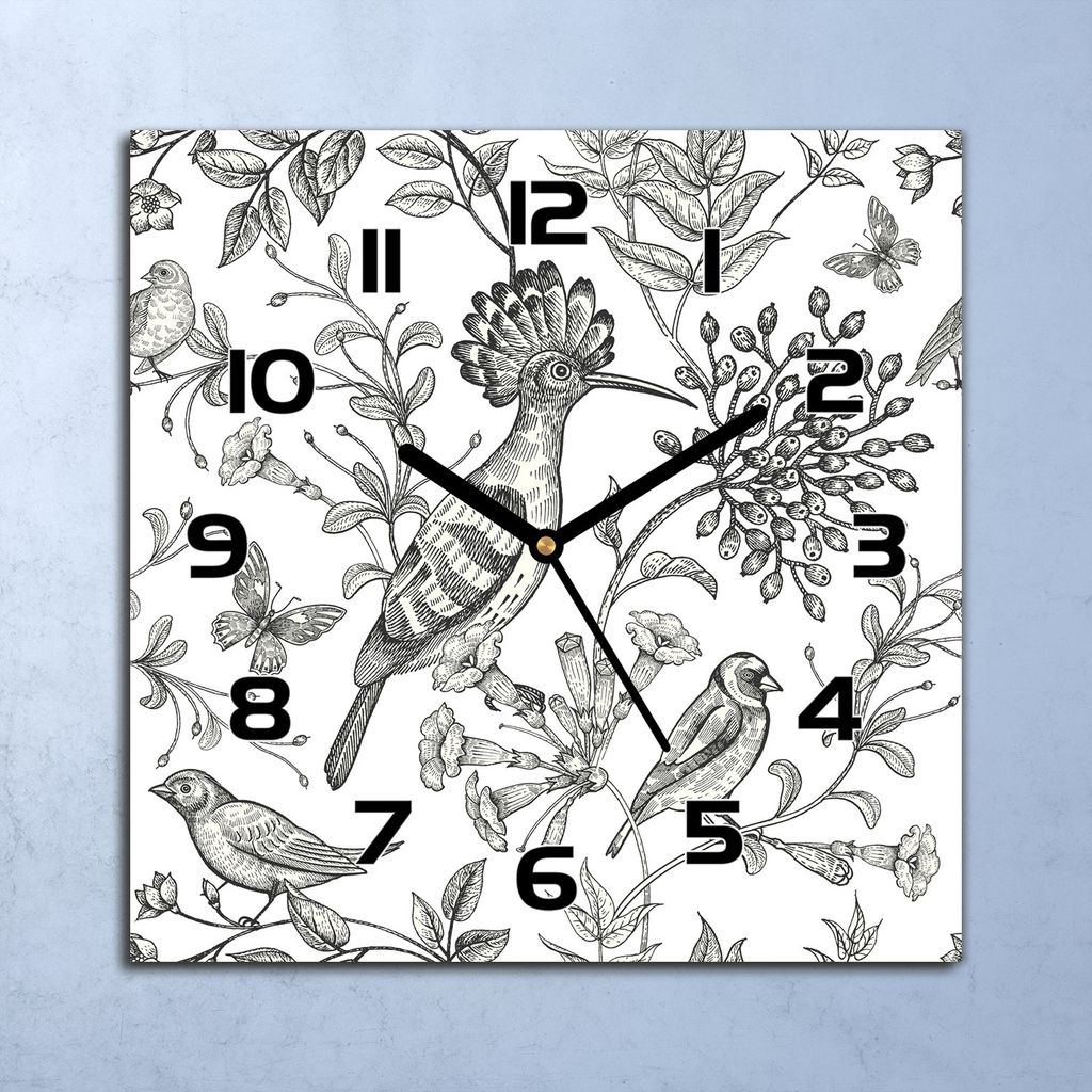 Wanduhr Echt-Glas-Küchenuhr Vogelskizze weiß Quarz Lautlos 30x30 Deko Bilder