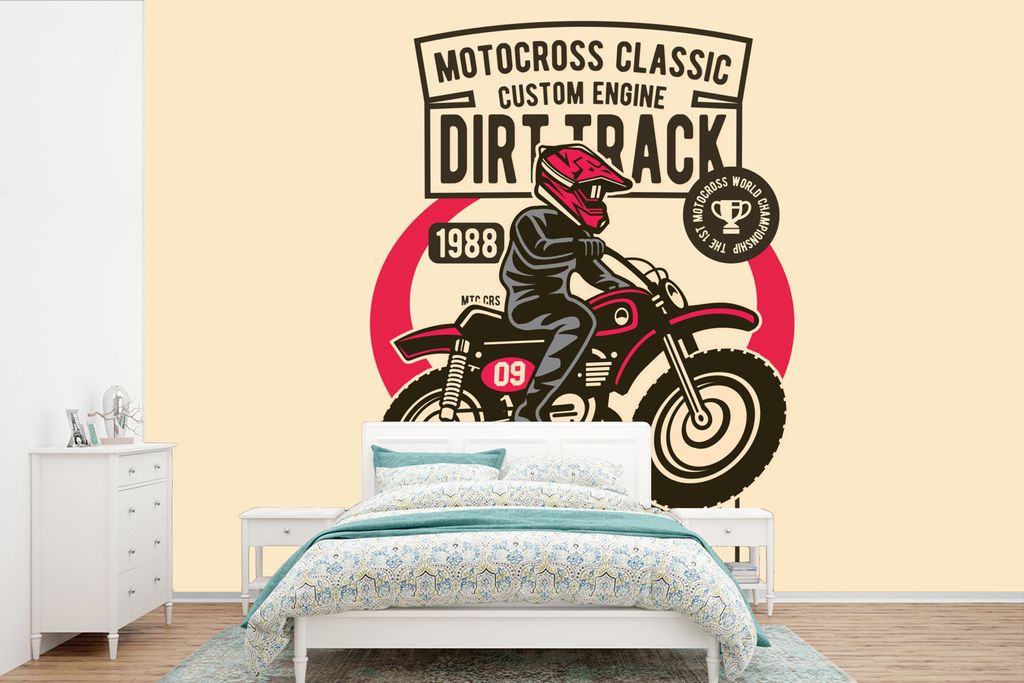 MuchoWow Fototapete für Wohnzimmer oder Schlafzimmer Wandtapete Vinyl Motivtapete Motorrad - Vintage - Zeichnung - 330x220 cm - Fototapeten