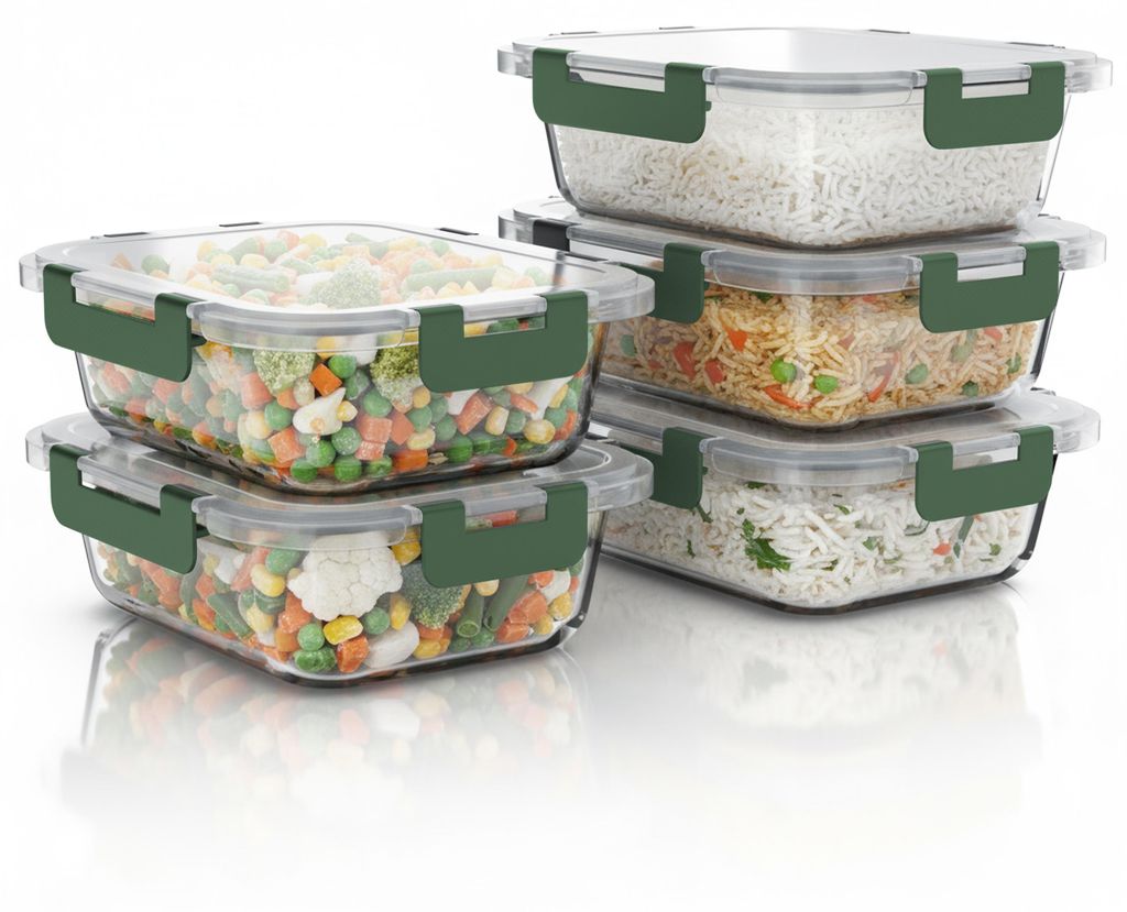 Arendo Frischhaltedosen Glas mit Deckel, Lunchbox, Vorratsdosen, 5er Set, rechteckig 1040 ml, stapelbar, auslaufsicher, Meal Prep, Mikrowellen-, of...