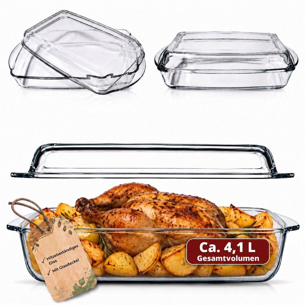 BigDean Glasauflaufform mit Deckel 4,1 L – Rechteckiger Glasbräter mit Griffen, hitzebeständig, für Lasagne & Backofen