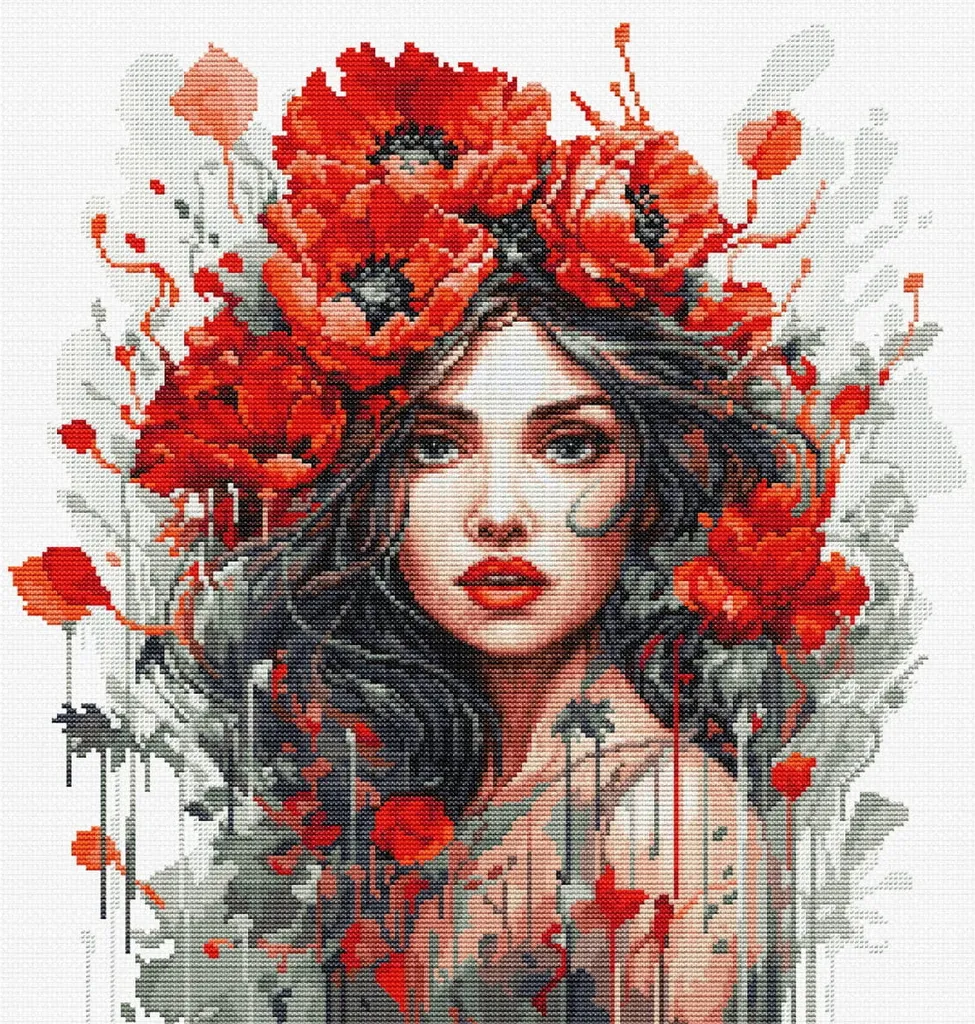 Broderie point de croix compté La jeune fille aux coquelicots 31x33 cm