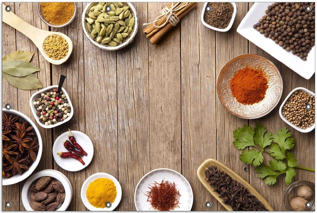 Wallario Outdoor-Poster für Garten oder Balkon, Motiv Gewürze in Schüsseln auf einem alten Holztisch in der Küche, in ca. 100 x 150 cm